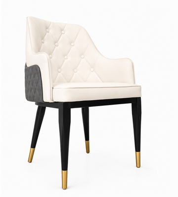 Luxury Button-Tufted Dining Armchair – Modern Diamond-Stitched Upholstered Chair with Two-Tone Frame & Gold Accents