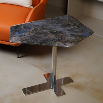 Pentagon Blue Labradorite Marble Side Table with Polished Stainless Steel X-Base