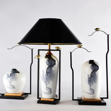 Zen Ink-Wash Ceramic Table Lamp & Decorative Vase Set of 3