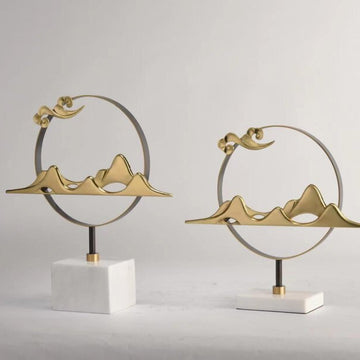 Modern Zen Mountain & Cloud Sculptures on Marble Base (Set of 2)