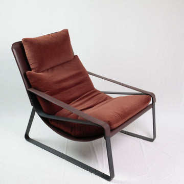 Copper-Crest Industrial Designer Lounge Chair | Premium Maroon Velvet Suspended Slouch Chair with Matte Black Steel Frame for Modern Studios & Luxury Lofts