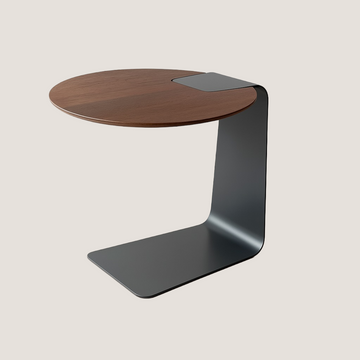 Munich Minimalist C-Shaped Side Table with Round Walnut-Finished Top