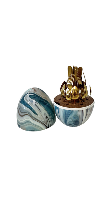 Premium 24-Piece Egg-Shaped Luxury Cutlery Set with Blue Marble Finish Case - Mirror-Polished 18/10 Gold Stainless Steel Flatware, Modern Dinnerware Service for 6