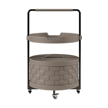 Modern 2-Tier Mobile End Table Trolley with Woven Leather Storage & Tray Top