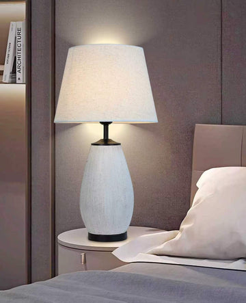 Modern White Textured Ceramic Table Lamp with Fabric Shade – Minimalist Bedside Lamp for Living Room & Bedroom