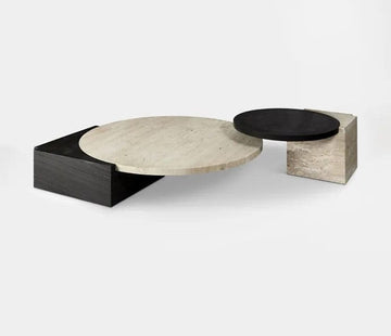 Tribeca Modern Sculptural Center Table – Travertine & Black Marble