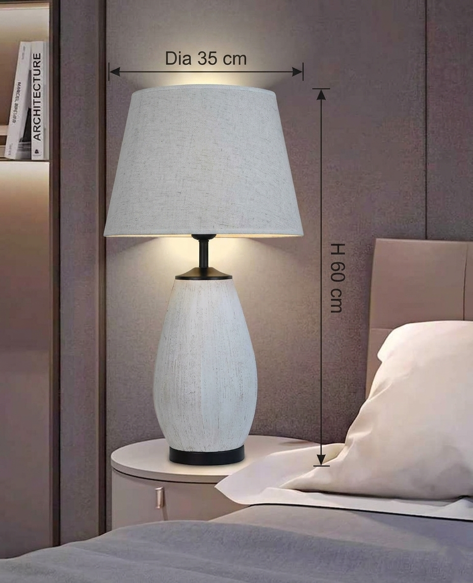 Modern White Textured Ceramic Table Lamp with Fabric Shade – Minimalist Bedside Lamp for Living Room & Bedroom